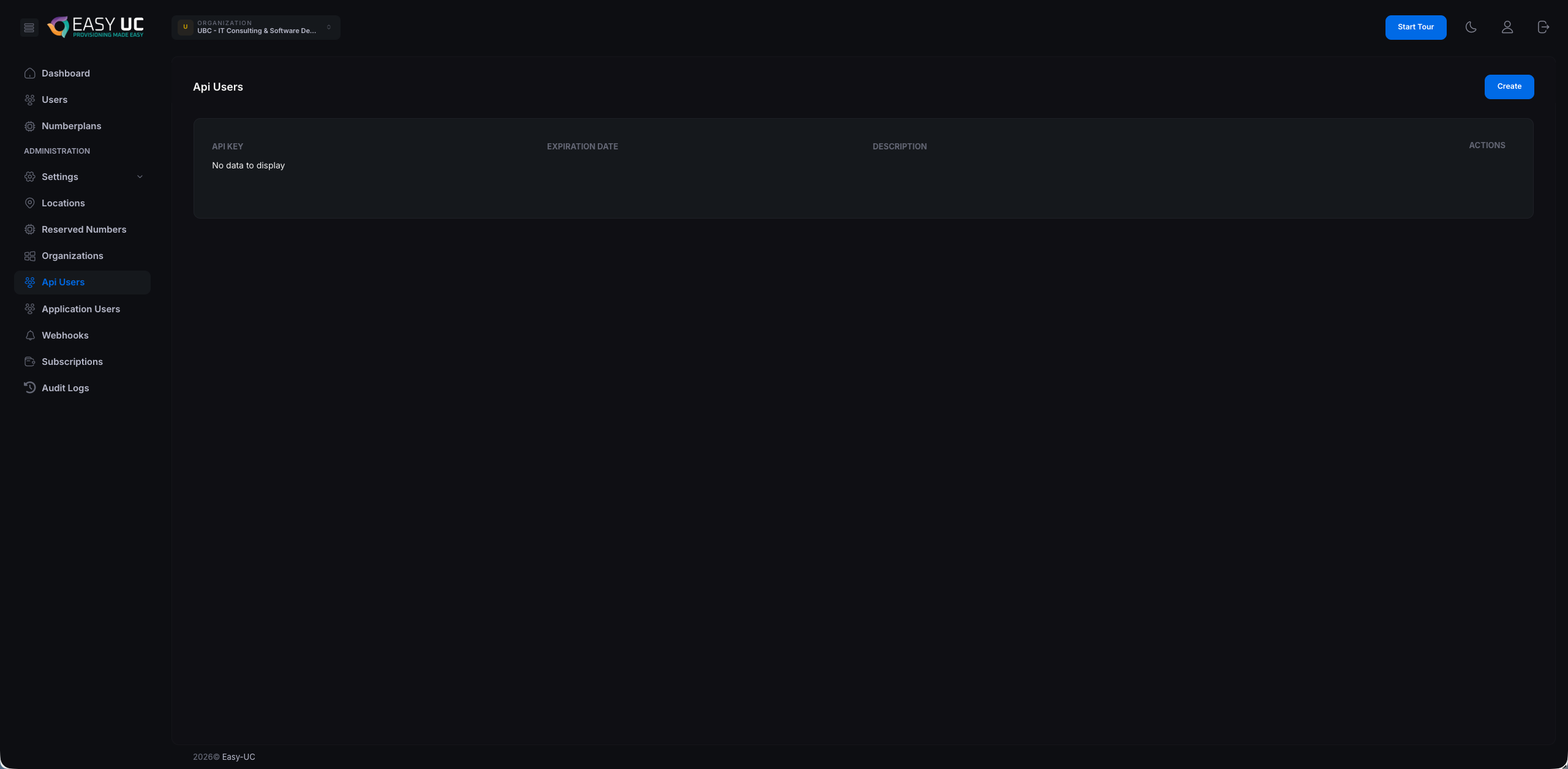 Api-Users-Seite mit Create-Button