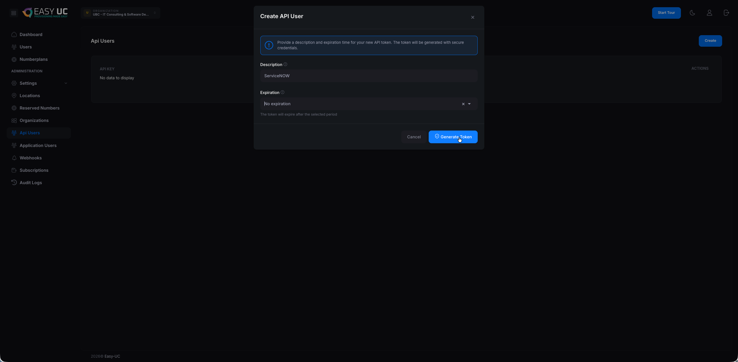 Create-API-User-Modal mit Description- und Expiration-Feldern