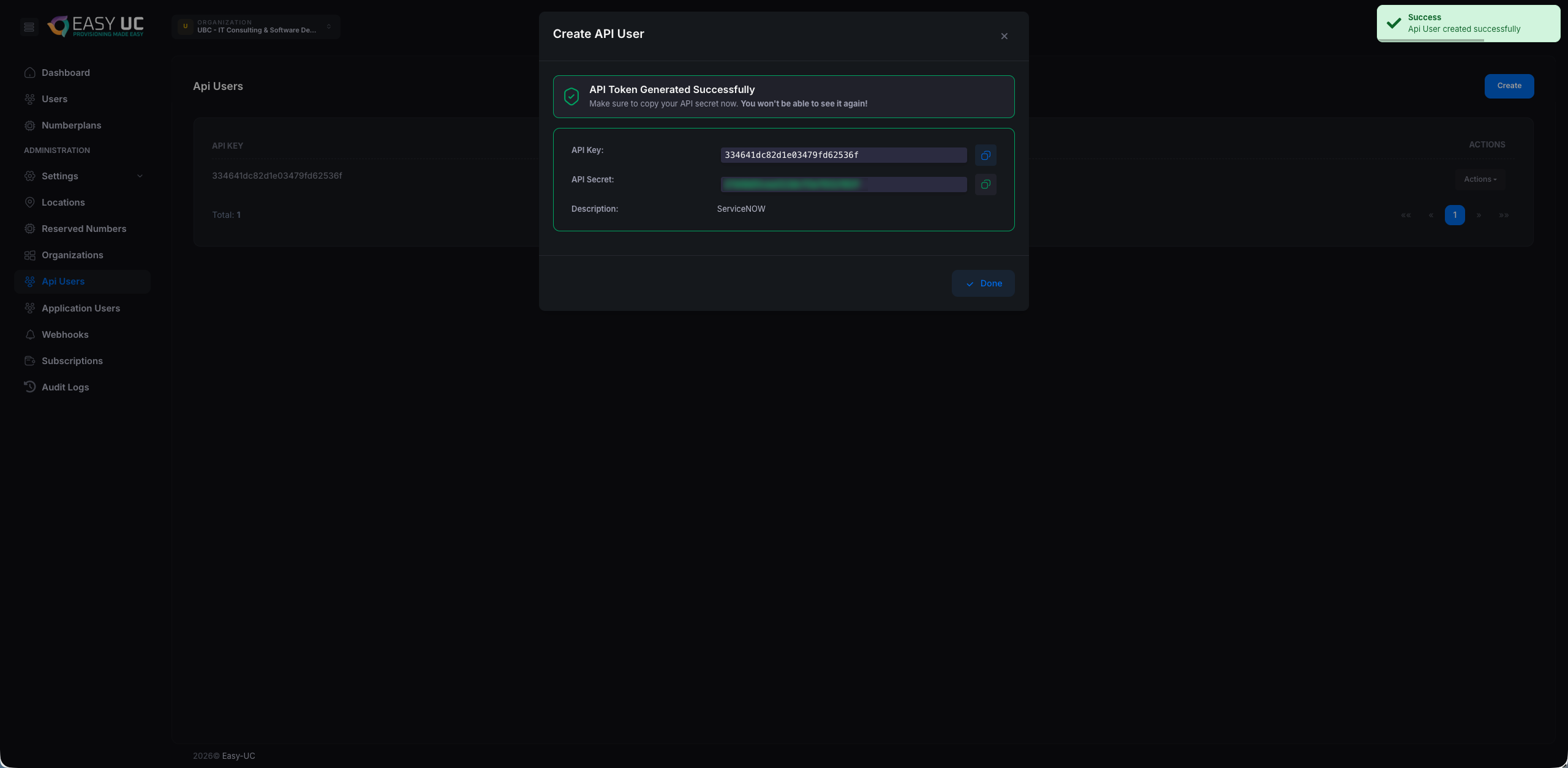 API Token Generated Successfully mit API Key und API Secret