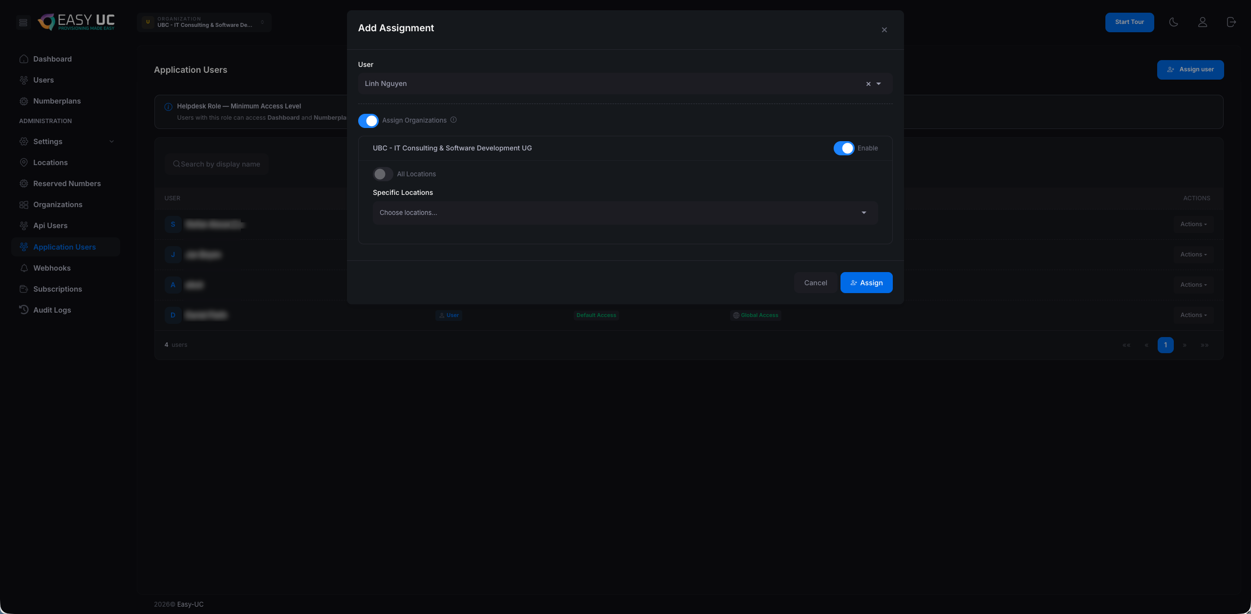 Add-Assignment-Modal mit User-Auswahl und Organisation-Toggle