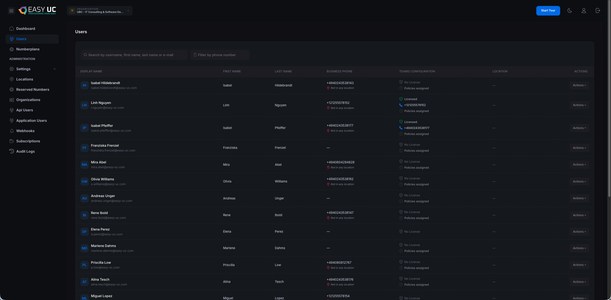 Users-Liste nach erstem Login — alle ohne Lizenz und ohne Standort