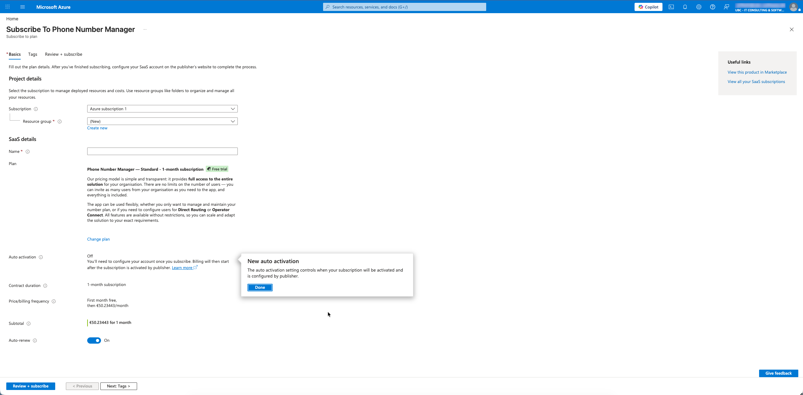 Azure Portal Subscribe To Phone Number Manager - Basics Tab