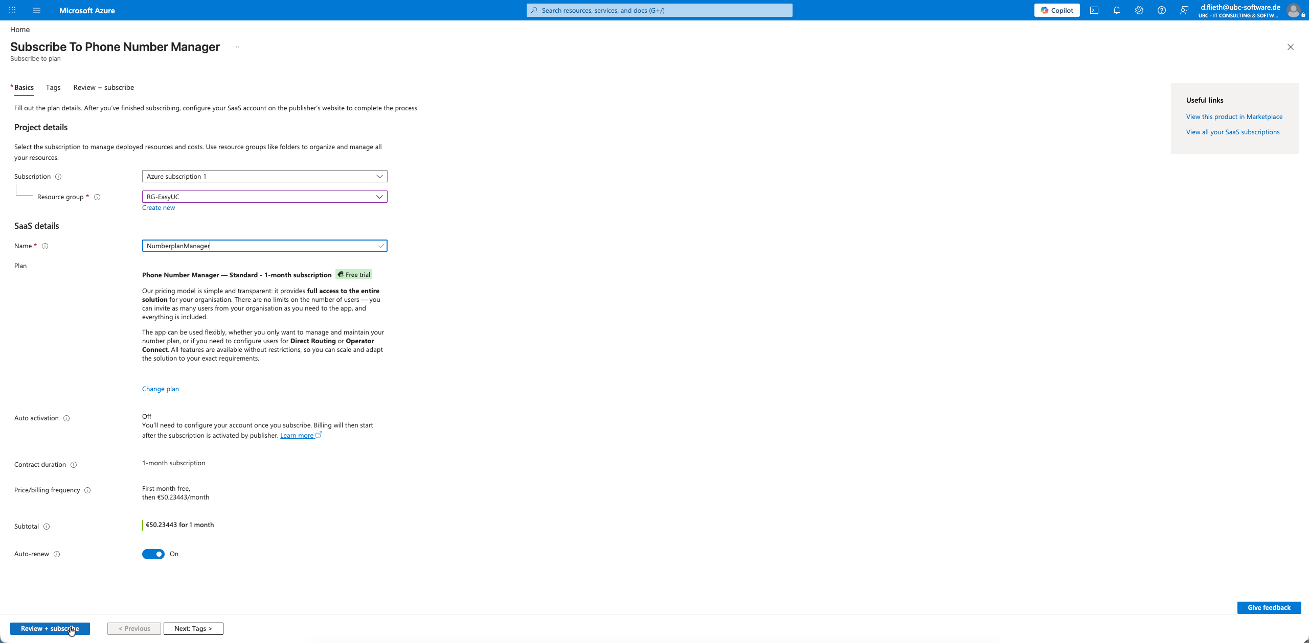 Azure Portal Subscribe Basics-Tab mit allen ausgefüllten Feldern