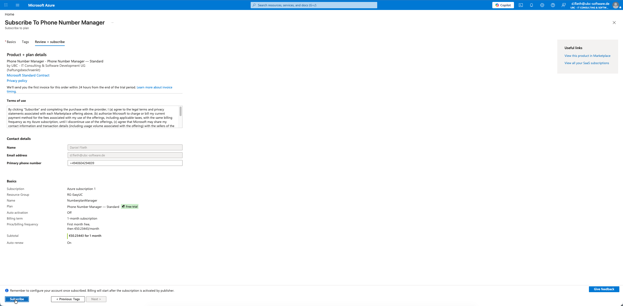Azure Portal Review and subscribe Tab