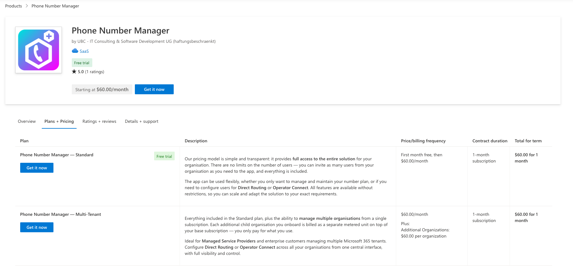 Microsoft Marketplace Phone Number Manager Übersicht