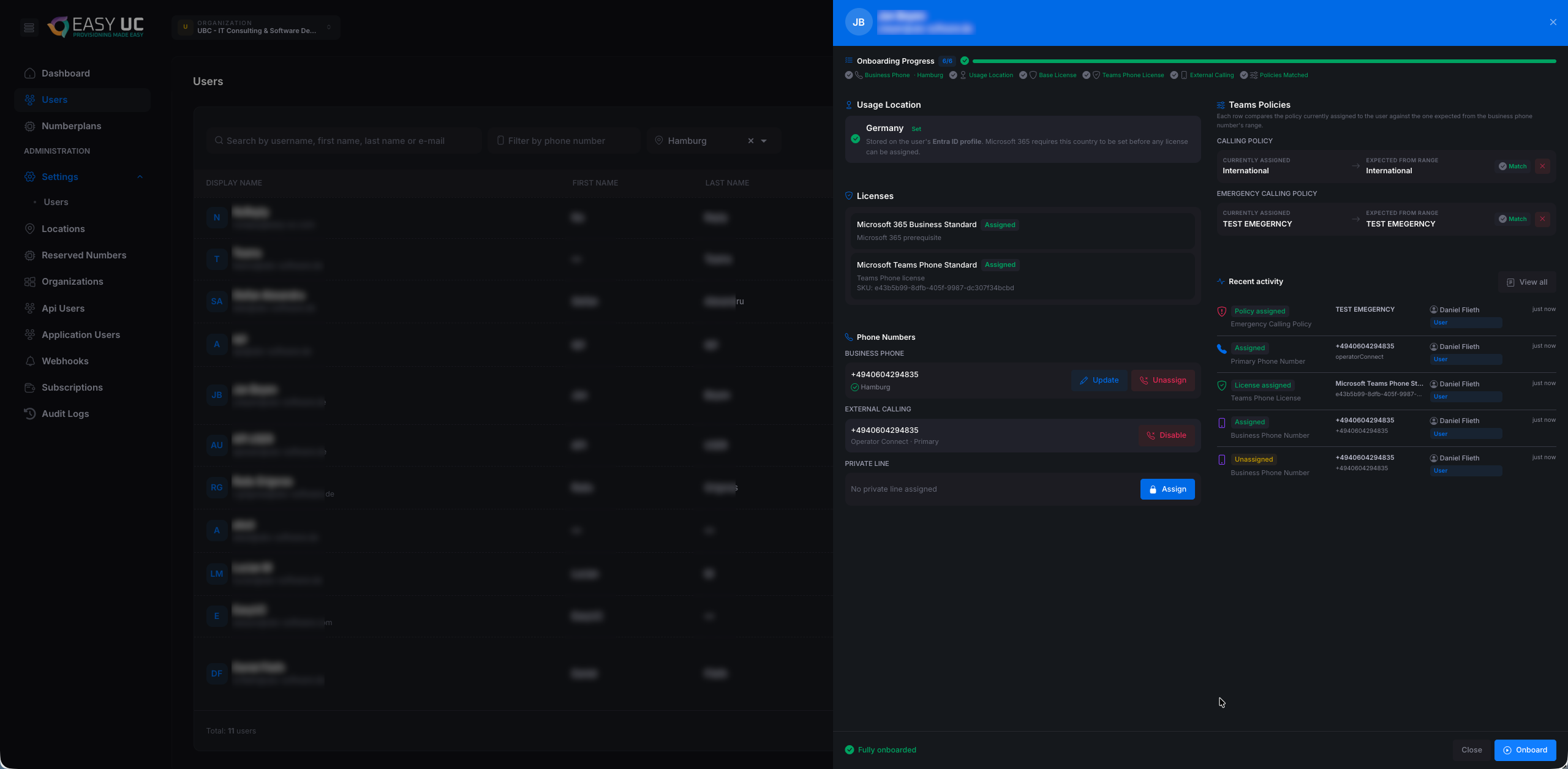 User-Detail nach Onboarding — komplett konfiguriert mit Nummer, Lizenzen und Policies