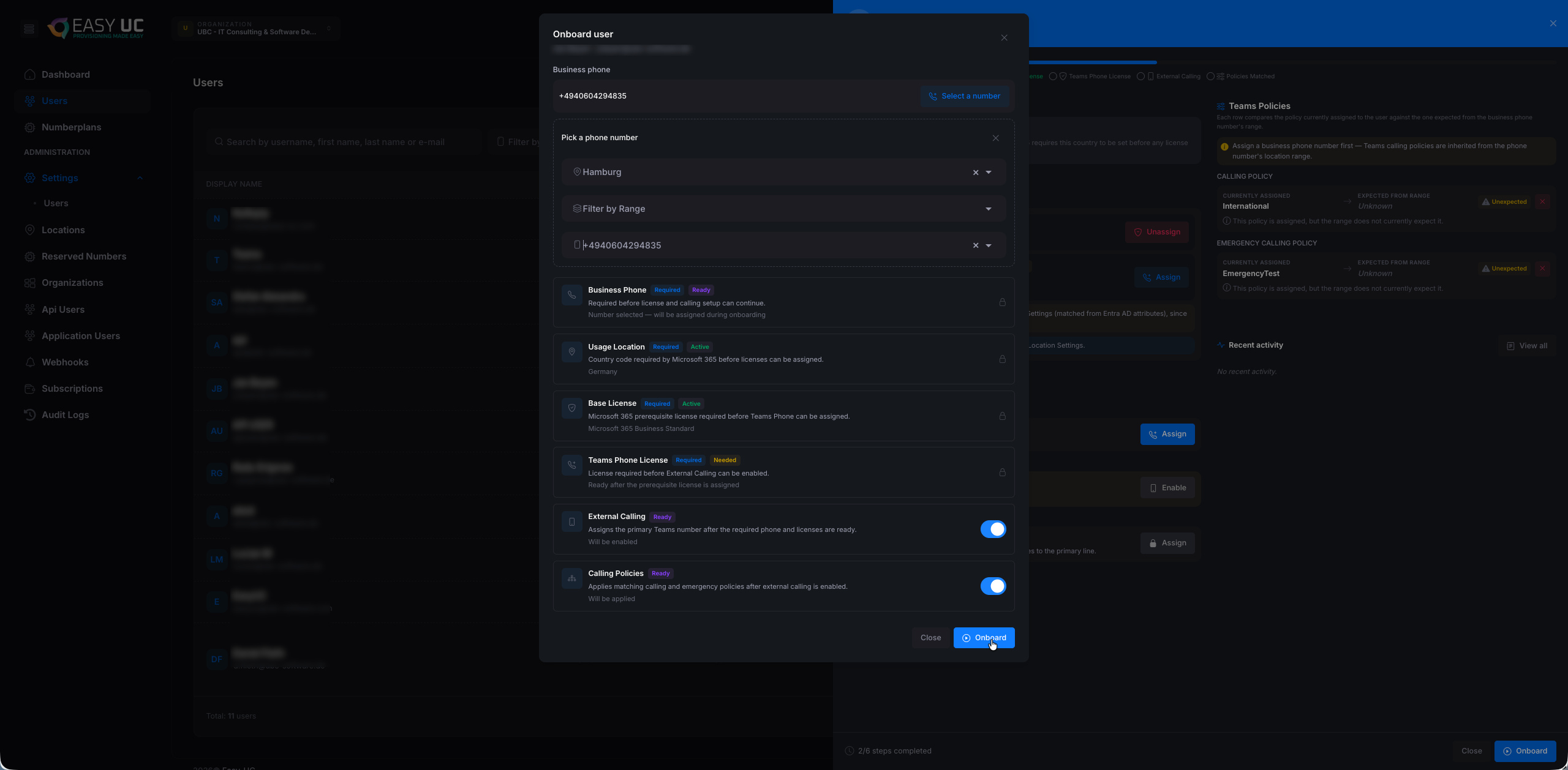 Nummer ausgewählt — Onboard-Button wird aktiv