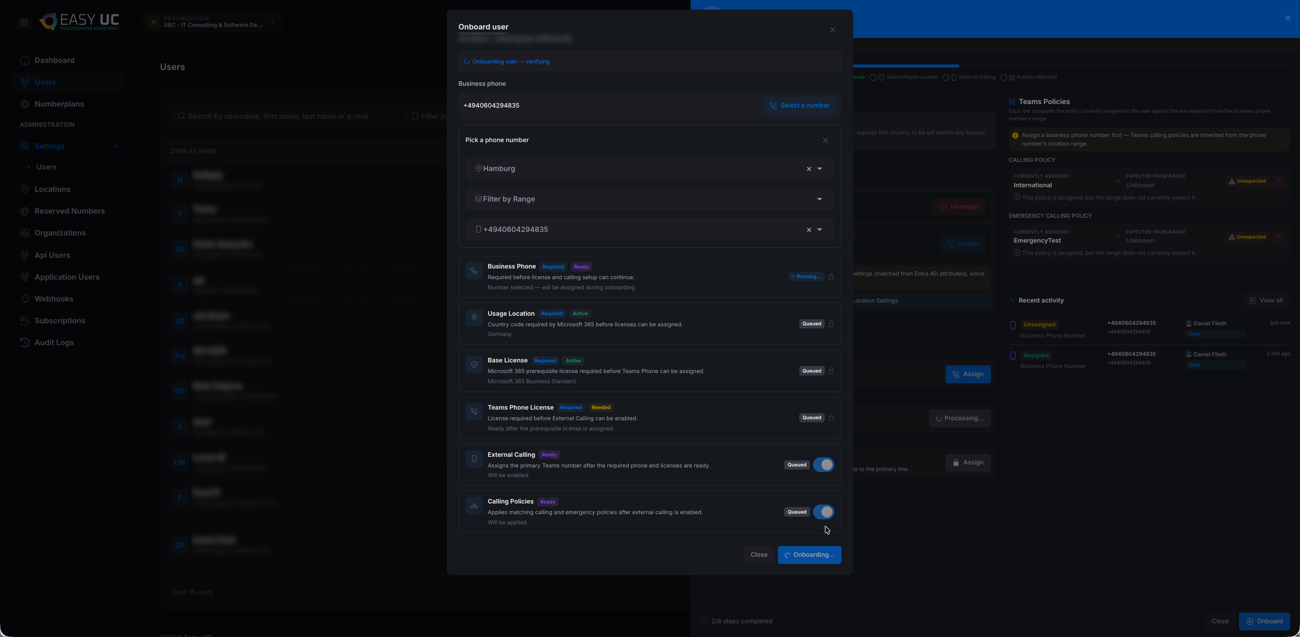 Provisioning-Start — erste Schritte werden grün abgehakt