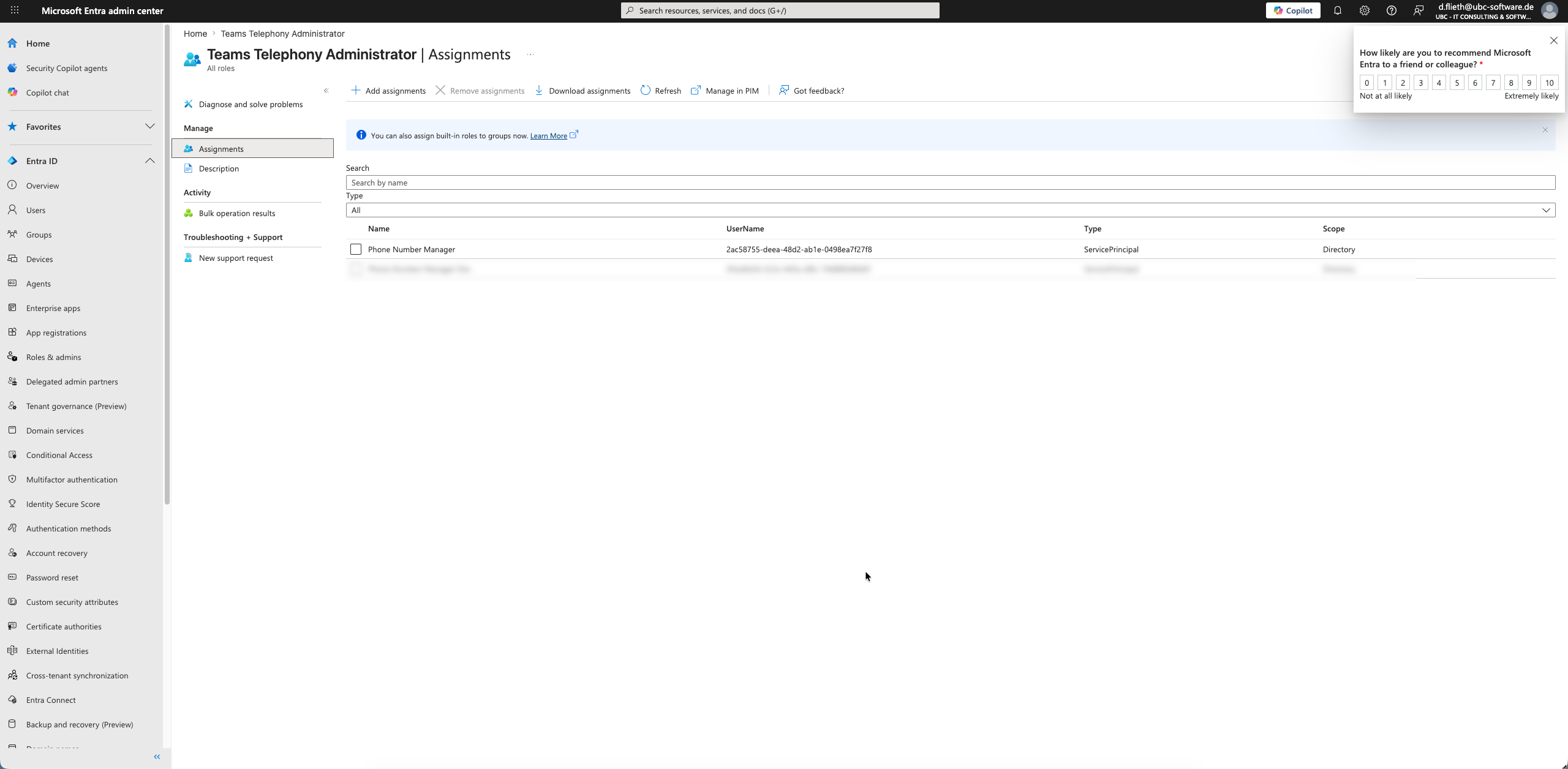 Microsoft Entra Admin Center – Teams Telephony Administrator Assignments mit Phone Number Manager