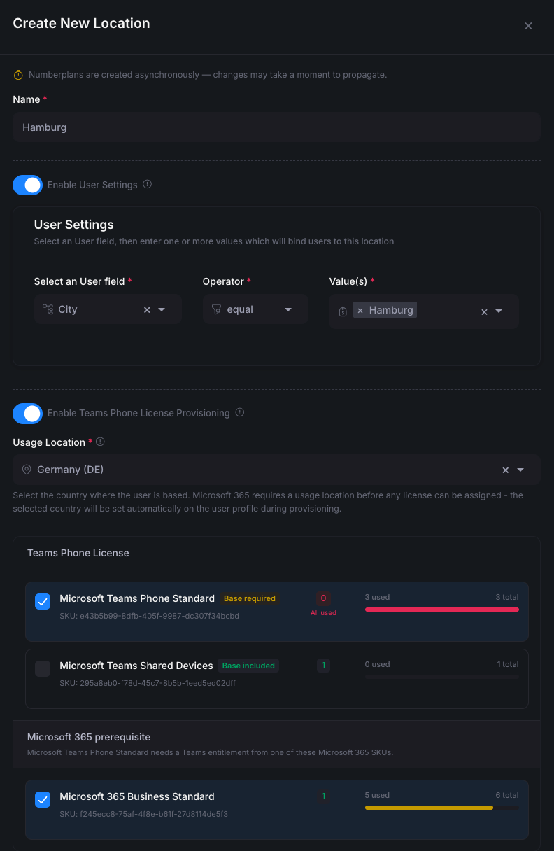 Create-New-Location Modal mit Name, User Settings und License Provisioning