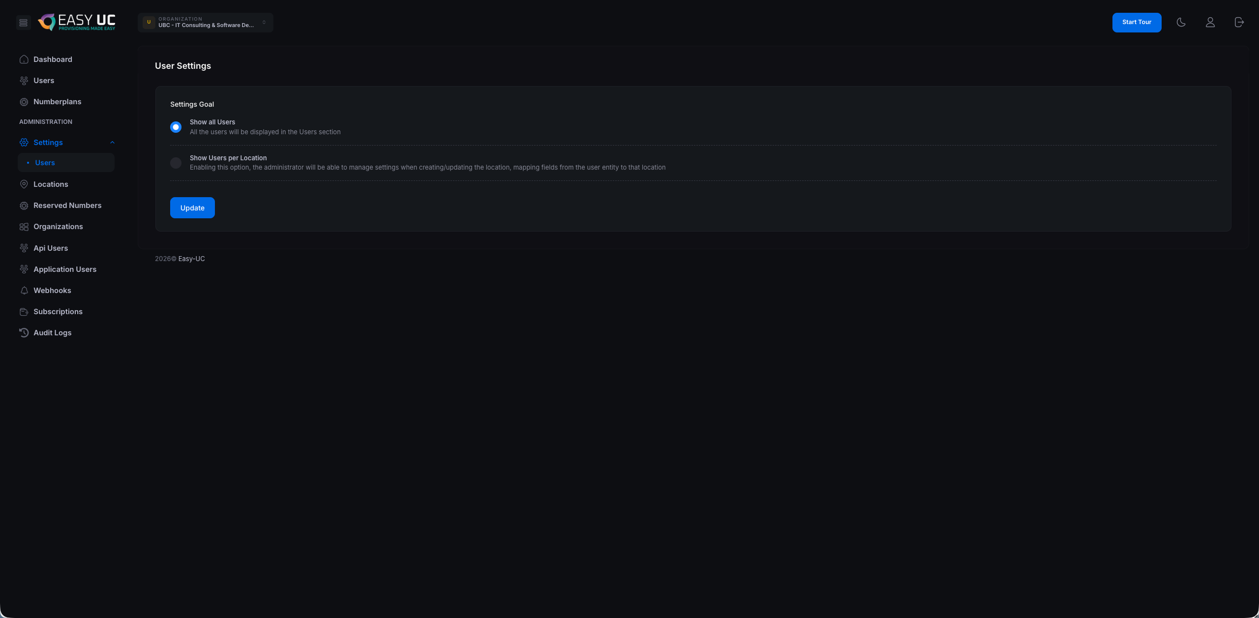 User Settings — Auswahl zwischen Show all Users und Show Users per Location