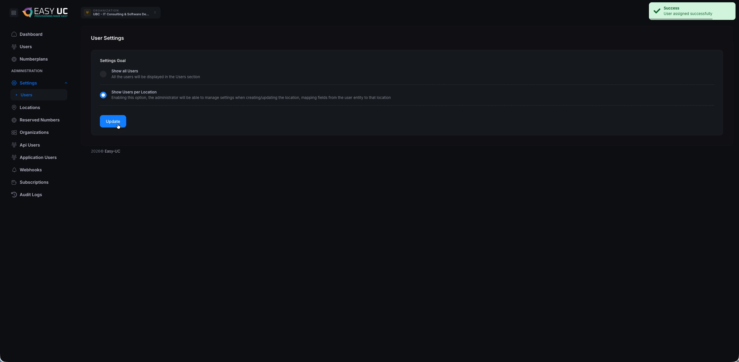 Bestätigungs-Toast nach Update der User Settings